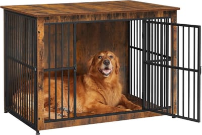 FurnStar - Bench - Hondenbench - Hondenkooi - Meubel - Bijzettafel, Hondenbox - Modern Hondenhok voor Binnen voor Honden tot 37 kg - Zeer Belastbaar - Gesloten Bodem - Hondenhuis - 2 Deuren - 110 x 76 x 82 cm - Vintage Bruin