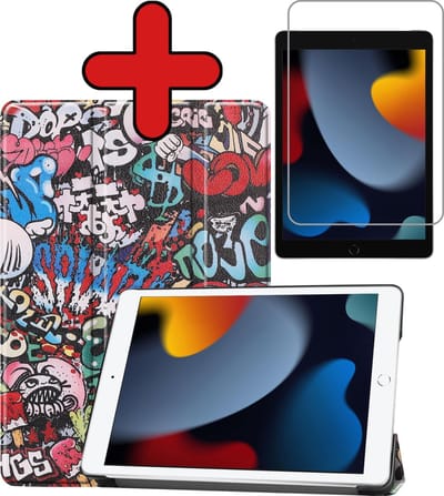Hoesje - Geschikt voor Apple iPad 9 (2021) - 10.2 inch - 9e Generatie - Met Screenprotector - Hardcover Book Case - Trifold Bookcase Hoes - Hard Cover - Tablethoes - Graffity