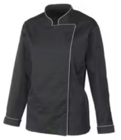 Professionele Koksjas / Koksbuis Dames – Zwart met Grijze Bies – Maat S – Lange Mouw – Polyester/Katoen – Hoogwaardige Horecakleding
