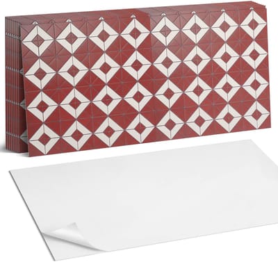Coloray Plaktegels - Geometrische patronen in de lay-out Zelfklevende Wandtegels - 40 cm x 20 cm - Rood Plaktegels - 10 stuks - Rechthoek PVC Tegels - Plaktegels Badkamer - Vloertegels Zelfklevend - Vinyl Tegels - Portugese Tegels