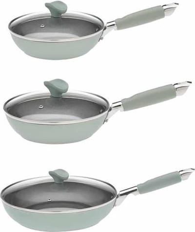 Primecook - Pannenset 'Elena' - 3 koekenpannen van 20, 24 en 28 cm met deksels - PFAS-vrij - inductie - saliegroen - Made in Italy