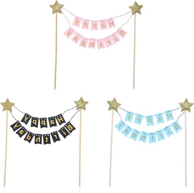 Solidchoice - Set van 3 Mini Verjaardagsbanner en Taartdecoraties