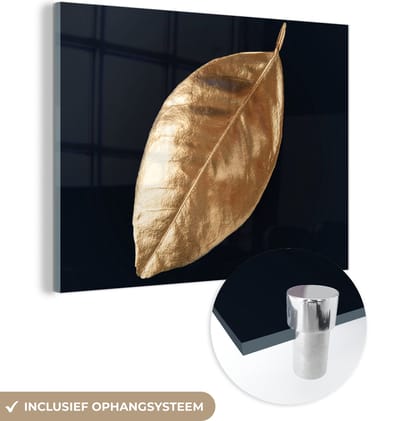 MuchoWow® Glasschilderij 160x120 cm - Schilderij acrylglas - Bladeren - Black en gold - Luxe - Natuur - Planten - Foto op glas - Schilderijen