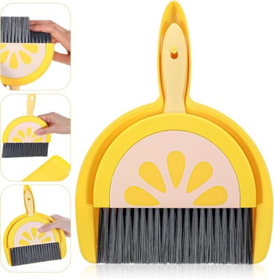 Mini Handveger Schep - Tafel Bezem Set - Snel Opruimen - Lichtgewicht Compact - 23.5 x 20 cm - Geel