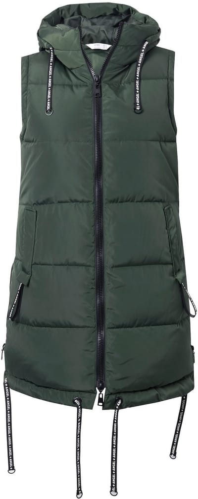 Angel of Style - Dames - Lange doorgestikte bodywarmer A-lijn capuchon - Donker groengrijs - Maat 44