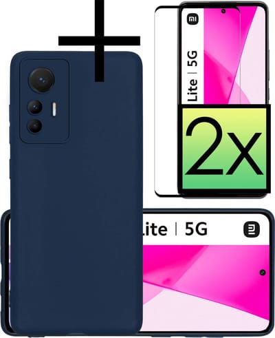 Hoesje - Met 2x Screenprotector - Geschikt voor Xiaomi 12 Lite - Sterk & Shockproof - Back Cover - Siliconen Case - Telefoon Hoes - Donkerblauw