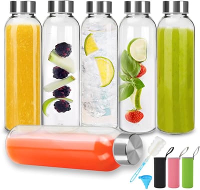 Dailygoods- Glazen Flessen 500ml - 6 Stuks - Herbruikbaar - Lekvrij - Deksels - Transparant - Hoogwaardig Materiaal - Waterfles