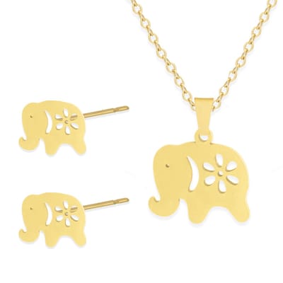 Cadeau Ketting & Oorbellen set met Olifantje - Roestvrij Staal - Goudkleurig - Cadeau Sieraad op Kaartje - Pax Amare