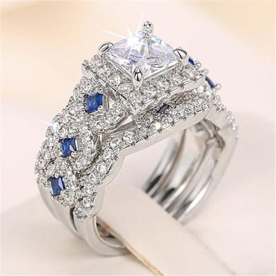 Set van 3 sterling zilveren ringen met prinsesslijpsel en blauwe zirkonia. Luxe sieradenset voor bruiloften, verlovingen en feesten, perfect als modeaccessoire voor dames. 6 gray