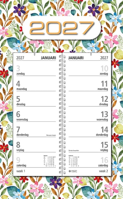 MGPcards - Omlegweekkalender 2027 - Week begint op zondag - 21 x 34 cm - Bloemen - Gekleurd