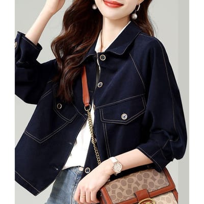 Nieuw Kort Jasje voor Dames Herfst Losse Driekwarthouwmouw Raglanmouw Losse Polokraag Denim Jasje Top XXL black