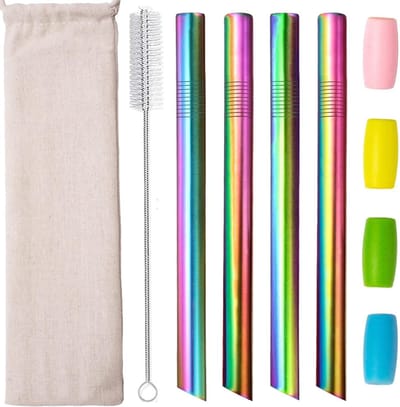 Famanu Boba Rietjes Dikke Herbruikbare Metalen Rietjes Hoekige Tips Vet Brede Milkshake Jumbo Bubble Thee Roestvrij Staal Stro Met Reistas Draagtas Siliconen Tips Cleaner Borstel 12mm 0,5" 4 Pack