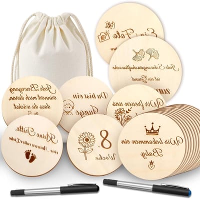 40 zwangerschapsmijlpalen kaarten, ronde houten schijven van 10 cm, inclusief stoffen tas en 2 pennen, perfect cadeau voor aanstaande moeders en babyshower