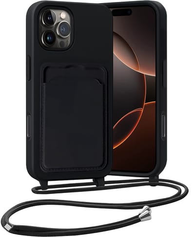 Hoesje Geschikt voor iPhone 16 Pro Max Hoesje Met Telefoonketting Pasjeshouder Case Koord - Hoesje Geschikt voor iPhone 16 Pro Max Hoes Met Kaarthouder - Zwart