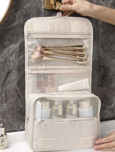 Reis Toilettas Ophangbaar - Beige - Make-Up Tasje met Haak - Make Up Koffer - Beautycase - Toilettas Dames - Heren - Make Up Tas Organizer - Make Up Etui - Beautycase Koffer - Toilettas voor op Reis met Draaggreep en Haak