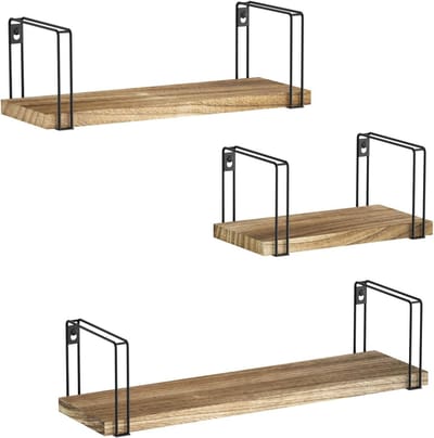 Wandplank Set van 3, Houten Planken, Zwevende Planken voor Keuken, Kinderkamer, Woonkamer en Badkamer, Lengte 43/33/23 cm