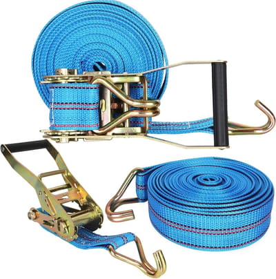 Spanbanden Set - Bevestigingsriemen Ratel - Lading Zekeren - Dubbele J-haak - 2x 10 Meter - Blauw