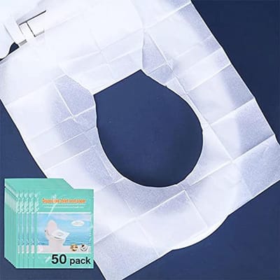 Toiletstoelhoezen wegwerpbaar, 50-count doorspoelbaar papier reizen toiletstoelhoezen voor volwassenen en kinderen zindelijkheidstraining, geweldige biodegrable accessoires voor openbare toiletten, vliegtuig, camping