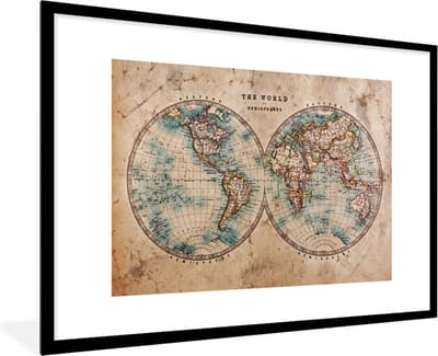 Poster in lijst - Fotolijst 90x60 cm - Posters - Wereldkaart - Vintage - Papyrus - Kids - Jongen - Meisje - Posterlijst zwart - Decoratie - Wanddecoratie woonkamer - Muurdecoratie slaapkamer