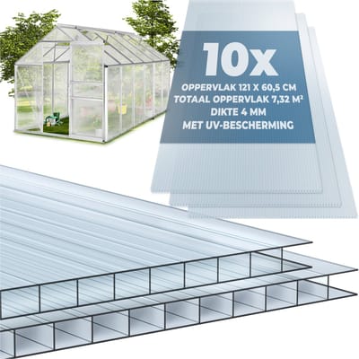tectake® Set van 10 Polycarbonaat Platen - Stevige Lichtdoorlatende, UV-Bestendige Dubbelwandige Platen - 121 x 60,5 cm - 7,32m² totaal - Transparant - Broeikas Tuinkas Plaat - 4 mm dik