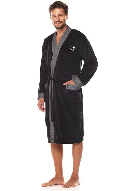 Heren Badjas - Badjas - Zwarte badjas - Badjas met graag - Badjas veloursstof - Katoenen badjas - Lange badjas - Maat XXl - Elegante badjas