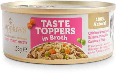 12x 156g Applaws Taste Toppers Natural in bouillon Kip met zalm nat hondenvoer