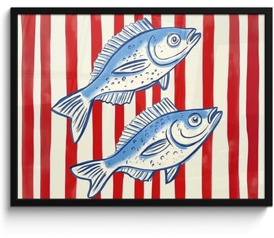Poster in lijst - Fotolijst 80x60 cm - Posters - Vissen - Verticale strepen - Blauw - Rood - Posterlijst zwart - Decoratie - Wanddecoratie woonkamer - Muurdecoratie slaapkamer