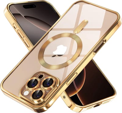 Hoesje Geschikt voor iPhone 16 Pro Magsafe hoes - Lens beschermer – backcover – Transparant/Goud