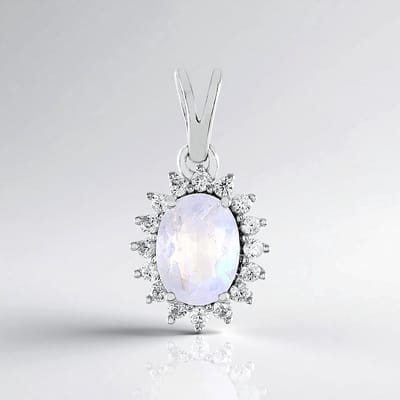 Cavill - Zilveren Hanger 925 Sterling Zilver Platina - Regenboog Maansteen 0,965 ct Ovaal - 16x Zirkonia 0,337 ct - Luxe Elegant