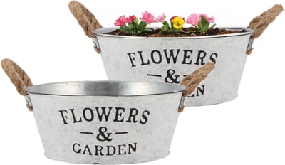 DK Design Plantenpot/bloempot schaal Jardin- 2x - zink - wit - D23 x H9 cm
