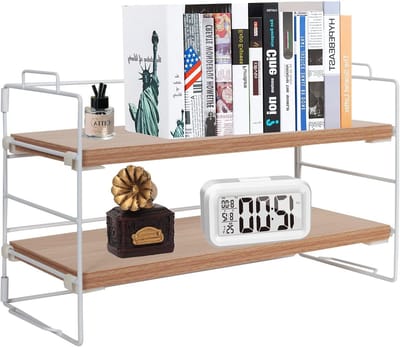 2-Tier Bureauplank Organiser, Verstelbare Boekenkast, Opbergrek en Kantoordecoratie voor Bureau, School en Thuis (Origineel Teakhout, 2 Opbergruimtes)