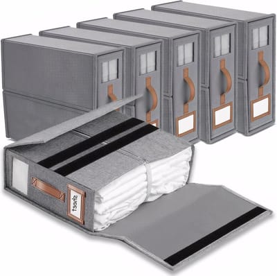 beddengoed opbergorganizers, 6 pack opvouwbare beddengoed met venster en label, voor onder het bed, in de kledingkast, voor het organiseren van lakens, kleding en dekens, linnen grijs