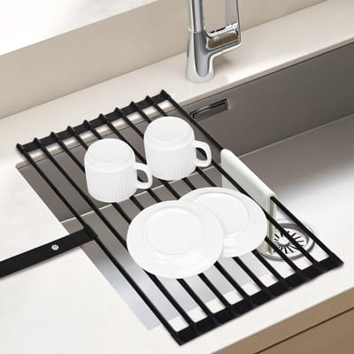 Famanu – Afdruiprek voor gootsteen - inklapbaar en afneembaar - groot - met antislip siliconen randen en riemen - organizer voor de keuken - afdruipmat - 51 x 32 cm - zwart