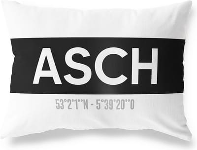 Tuinkussen ASCH - GELDERLAND met coördinaten - Buitenkussen - Bootkussen - Weerbestendig - Jouw Plaats - Studio216 - Modern - Zwart-Wit - 50x30cm