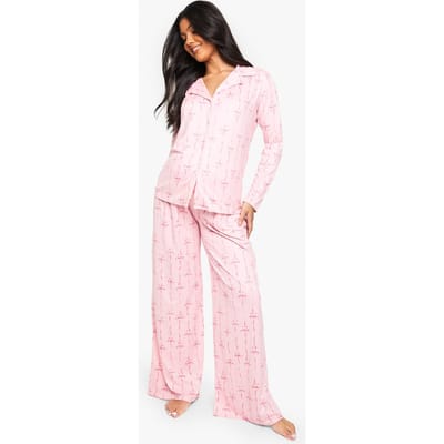 boohoo Dames Zwangerschaps-roze shirt met strikprint op korte mouwen en short | Maat: 36