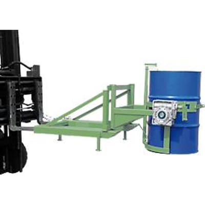 Vatenkantelaar Bauer type FD/L, voor 110 tot 220 l vaten, 360 kg, 270° kippen, met handslinger, vorkheftrucksteun, reseda groen RAL 6011