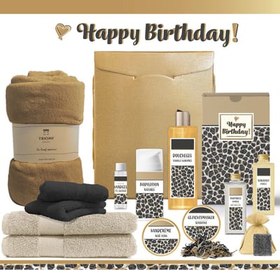 Geschenkset “Happy Birthday!” - 13 producten - 1910 gram | Giftset voor haar - Luxe wellness cadeaubox - Cadeau Verjaardag Vrouw - Gefeliciteerd - Gift Set Party - Geschenk Pakket - Cadeaupakket - Verjaardagscadeau Vriendin Moeder - Panter Zwart Goud