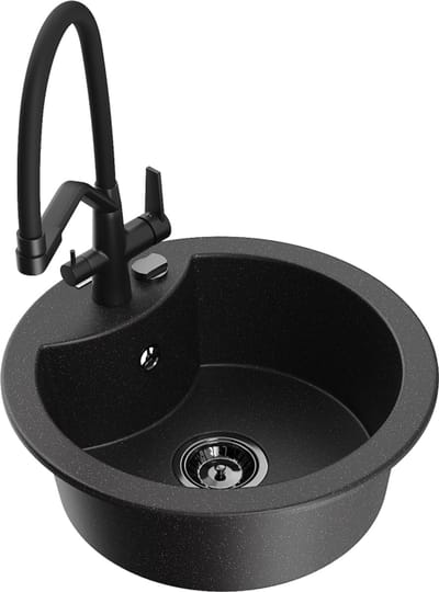 Mexen Diego granieten gootsteen 1-kamer met keukenmengkraan Duo, zwart/zilver metallic - 6512-73-671701-70-B