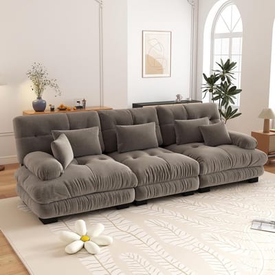 3-zits Bank, Modulaire Hoekbank met Diepe Zitting, Chenille Slaapbank, Comfortabel Bekleed voor Woonkamer, Appartement, Studio, Kantoor, Chenille-Bruin