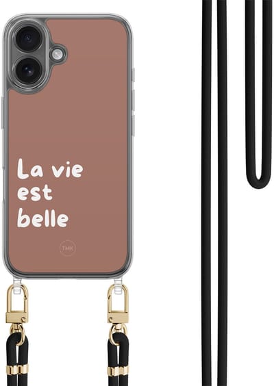 Casevibes - Telefoonhoesje met koord - Geschikt voor Apple iPhone 16 - La vie est belle - Bruin - Tekst