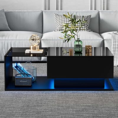 Salontafel met Glas - Bijzettafel Lade - Woonkamer Meubel - Krasbestendig Blad - 100x50x32 cm - Zwart