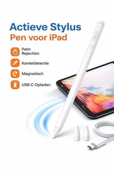 Actieve Stylus Pen voor iPad (2018–2025) – Palm Rejection, Kanteldetectie, Magnetisch & USB-C Opladen – Wit