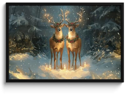 Poster in lijst - Fotolijst 90x60 cm - Posters - Dennensprookje - Rendier - Nacht - Posterlijst zwart - Decoratie - Wanddecoratie woonkamer - Muurdecoratie slaapkamer