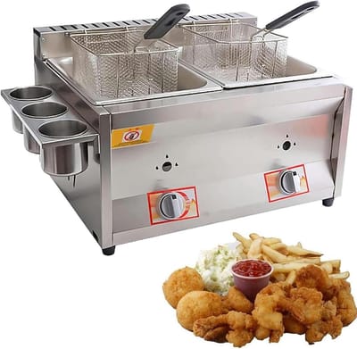 Gas Friteuse - Keuken Frituurpan - Grote Porties Frituren - Zijdelingse Kruidenplank - Dubbele Pan - Zilver