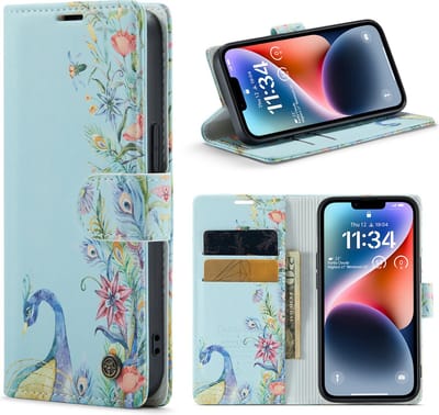 Casemania Hoesje Geschikt voor Apple iPhone 14 met Pauw Print - Portemonnee Book Case