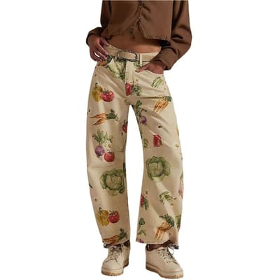 Jeans amples imprimés en denim pour femmes automne et hiver, pantalon neuf points jambe large taille moyenne Y2K M beige