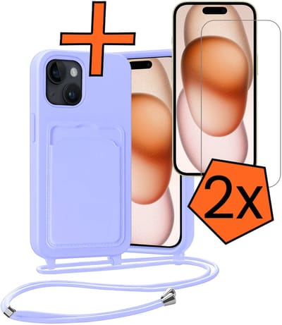Hoesje Geschikt voor iPhone 15 Plus Hoesje Met Telefoonketting Pasjeshouder Case Met 2x Screenprotector Koord - Hoesje Geschikt voor iPhone 15 Plus Hoes Met Kaarthouder - Lila