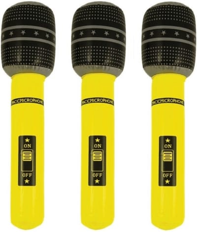 Set van 3x stuks opblaasbare microfoon neon geel 40 cm - Speelgoed microfoon - Popster verkleed accessoire - Feestartikelen