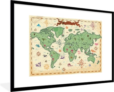 Wereldkaart - Kinderen - Piraten - Vintage - Jongens - Meisjes - Kids - Schoolplaat - Kinderkamer - 120x80 cm