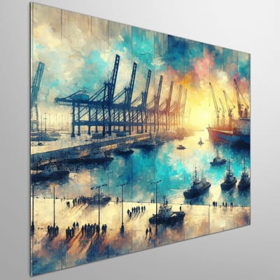 Modern haven schilderij | Hedendaagse maritieme meesterwerk: De haven als kunstzinnig tafereel | Kunst - 20x20 centimeter op Dibond | Foto op Dibond